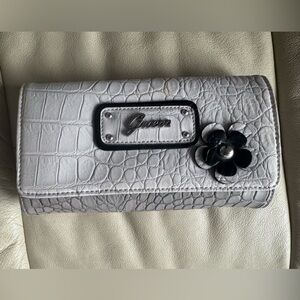 Guess Silver Croc Embossed Wallet with Black Flower